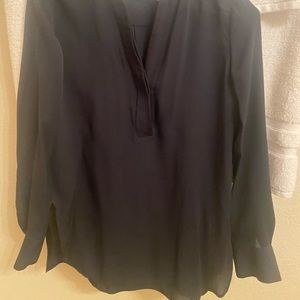 Vince band collar navy 100% silk blouse w black trim on collar and wrists